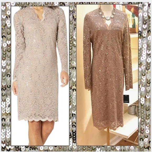 NWT,Marina Long-Sleeve Lace Sequined Dress Elegant,MOB Dress,Soft Taupe,Size 14