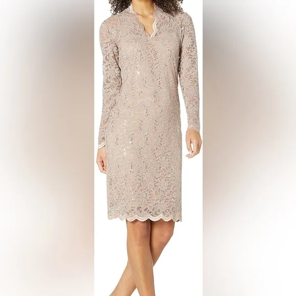 NWT,Marina Long-Sleeve Lace Sequined Dress Elegant,MOB Dress,Soft Taupe,Size 14