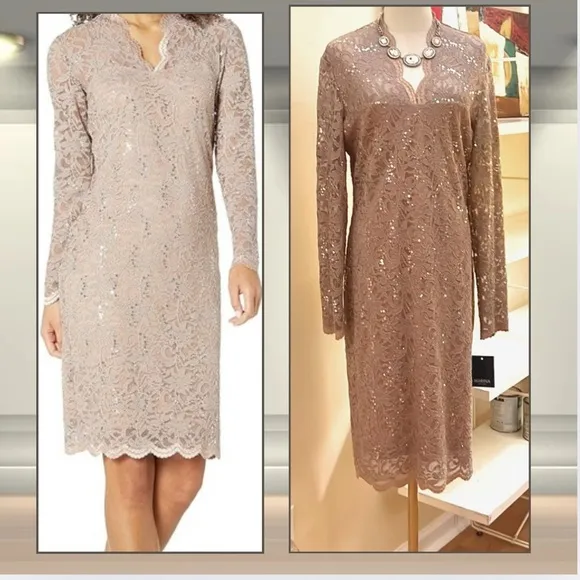 NWT,Marina Long-Sleeve Lace Sequined Dress Elegant,MOB Dress,Soft Taupe,Size 14