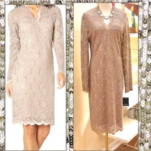 NWT,Marina Long-Sleeve Lace Sequined Dress Elegant,MOB Dress,Soft Taupe,Size 14