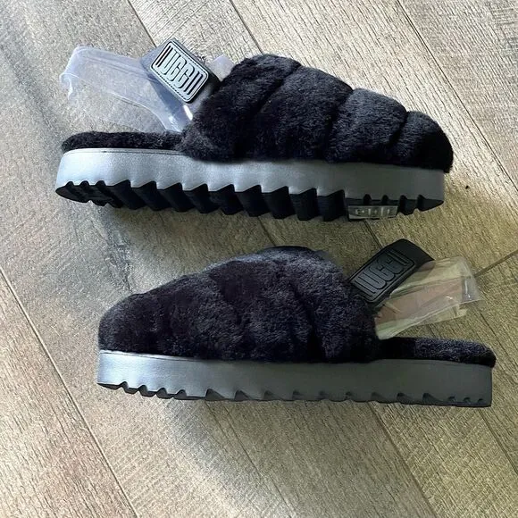 NWT! UGG (for Victoria’s Secret) Black Fluffer Slides/Slippers. Size 9.