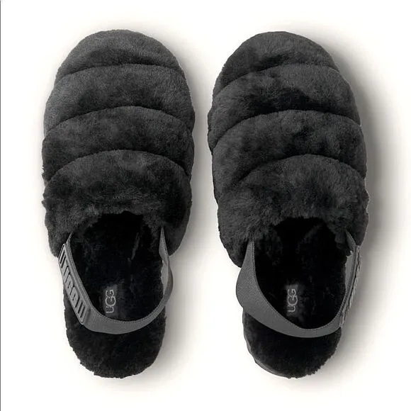 NWT! UGG (for Victoria’s Secret) Black Fluffer Slides/Slippers. Size 9.