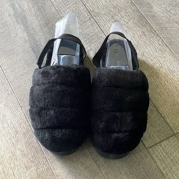 NWT! UGG (for Victoria’s Secret) Black Fluffer Slides/Slippers. Size 9.