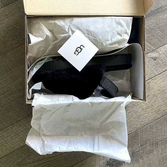 NWT! UGG (for Victoria’s Secret) Black Fluffer Slides/Slippers. Size 9.