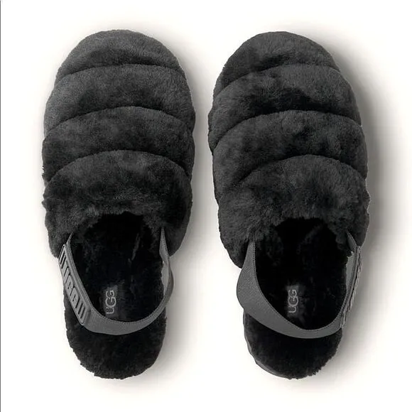 NWT! UGG (for Victoria’s Secret) Black Fluffer Slides/Slippers. Size 9.