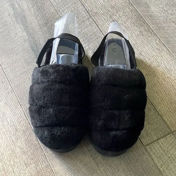 NWT! UGG (for Victoria’s Secret) Black Fluffer Slides/Slippers. Size 9.