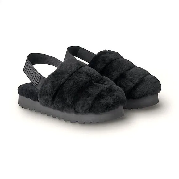 NWT! UGG (for Victoria’s Secret) Black Fluffer Slides/Slippers. Size 9.