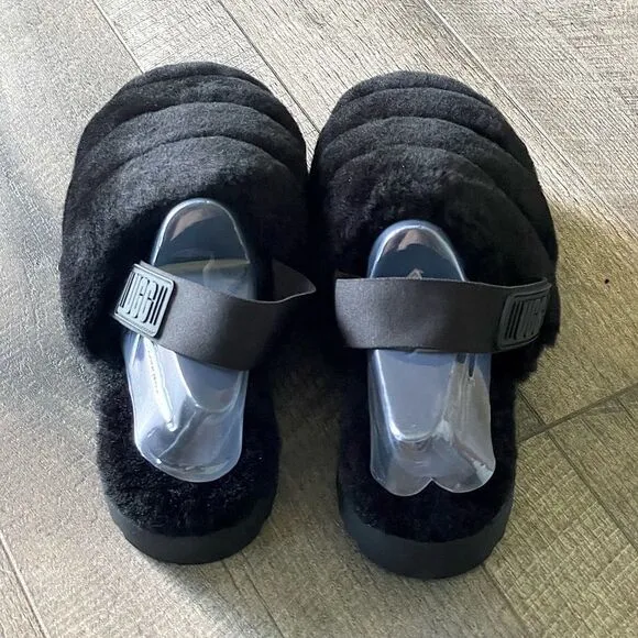 NWT! UGG (for Victoria’s Secret) Black Fluffer Slides/Slippers. Size 9.