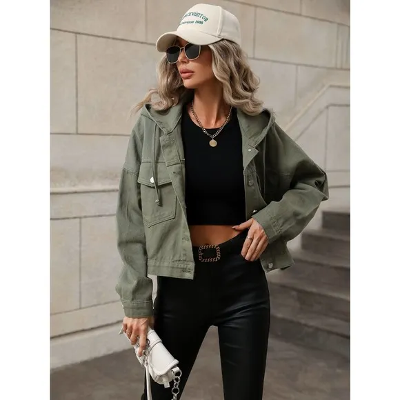 olive green utility jacket Drawstring Hooded Denim Jacket minimalist