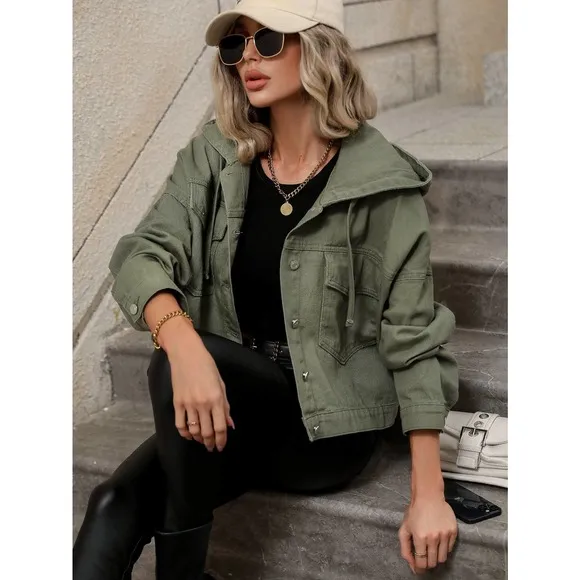 olive green utility jacket Drawstring Hooded Denim Jacket minimalist