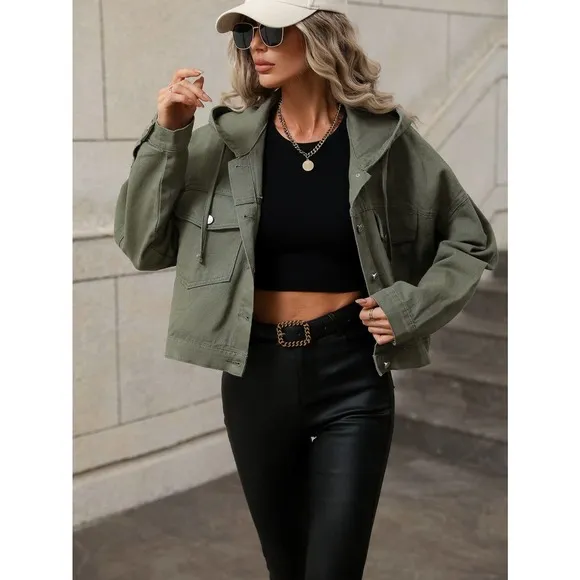 olive green utility jacket Drawstring Hooded Denim Jacket minimalist