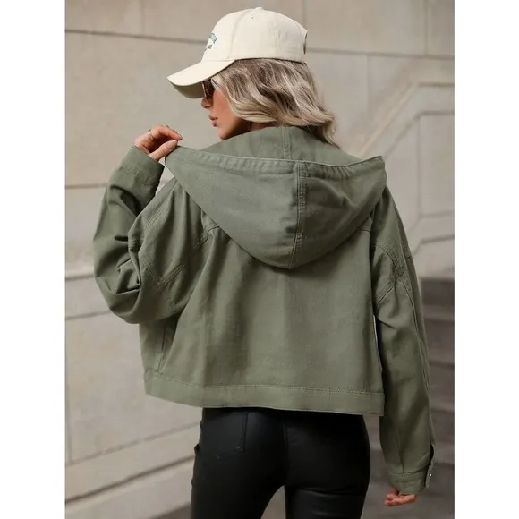 olive green utility jacket Drawstring Hooded Denim Jacket minimalist