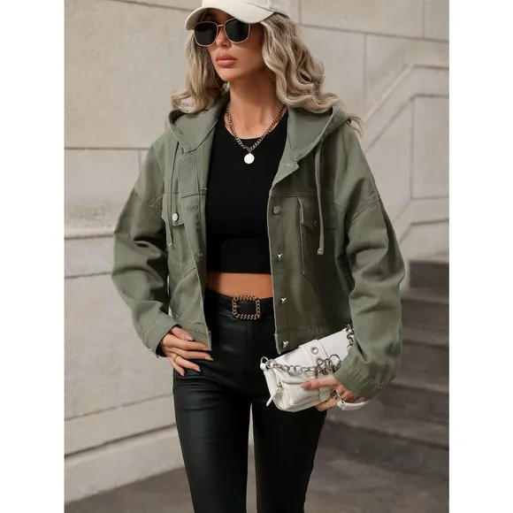 olive green utility jacket Drawstring Hooded Denim Jacket minimalist