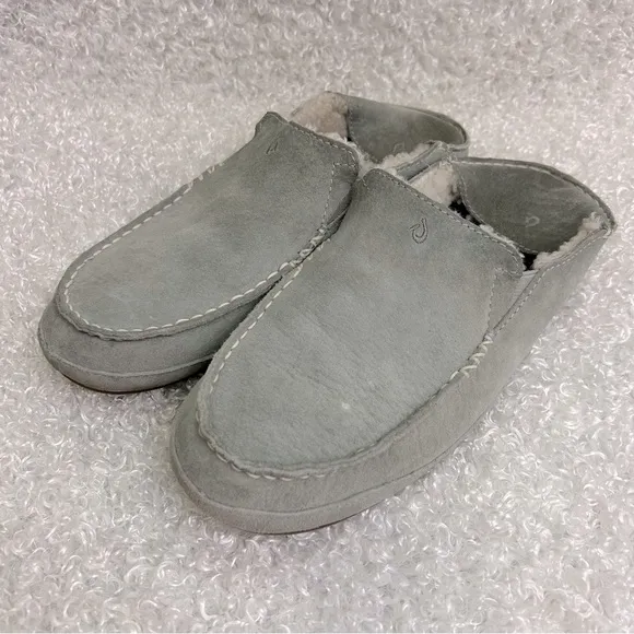 OluKai Ladies Size 9 Nohea Gray Suede Slip On Slippers Casual Comfy