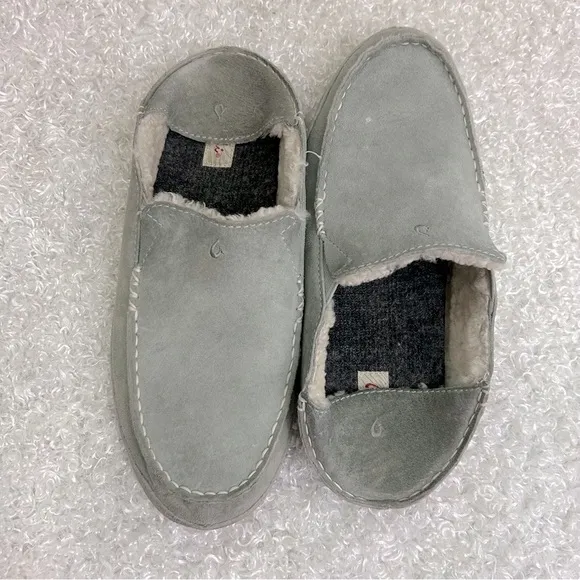 OluKai Ladies Size 9 Nohea Gray Suede Slip On Slippers Casual Comfy