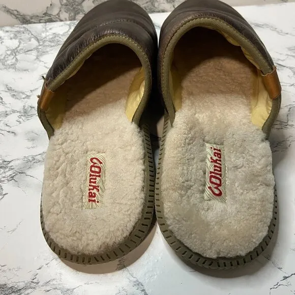 OluKai Men 10 Mua Ili Slip On Slippers Brown Leather Lounge Faux Fur Lined Shoe