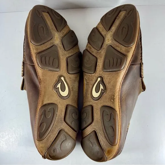 OLUKAI moloa men’s brown leather slip on boat shoe fishing beach loafer ocean