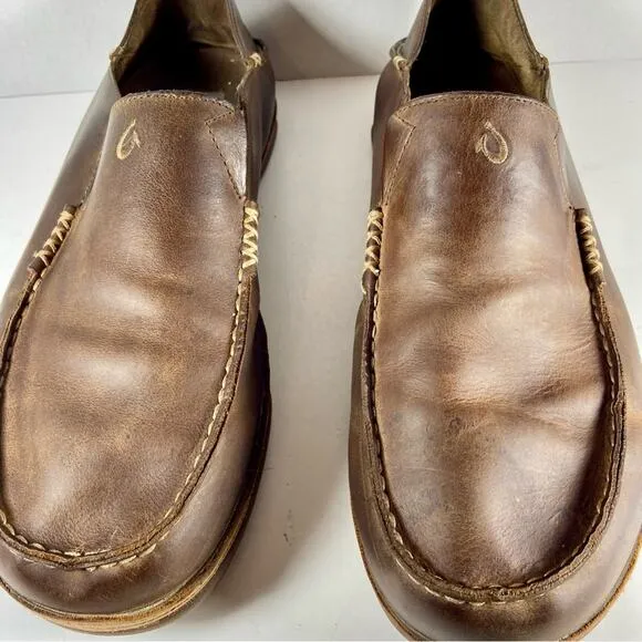 OLUKAI moloa men’s brown leather slip on boat shoe fishing beach loafer ocean