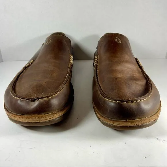 OLUKAI moloa men’s brown leather slip on boat shoe fishing beach loafer ocean