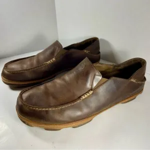 OLUKAI moloa men’s brown leather slip on boat shoe fishing beach loafer ocean