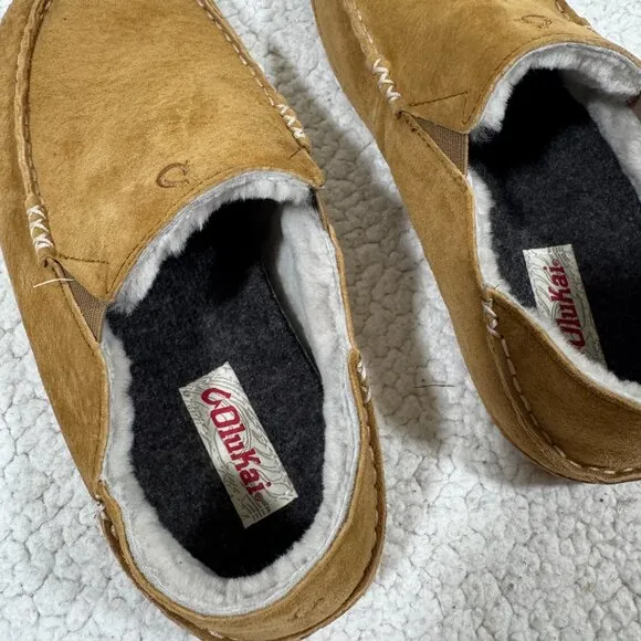 Olukai Moloa Slippers Brown Leather Sheepskin Lined Mens Size 9 M