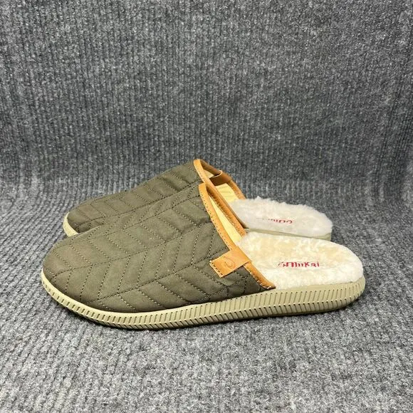 Olukai Mua Slippers Mules Green Olive Canvas Fur Lined Mens Size 10
