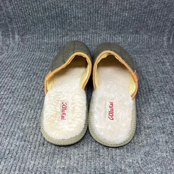 Olukai Mua Slippers Mules Green Olive Canvas Fur Lined Mens Size 10