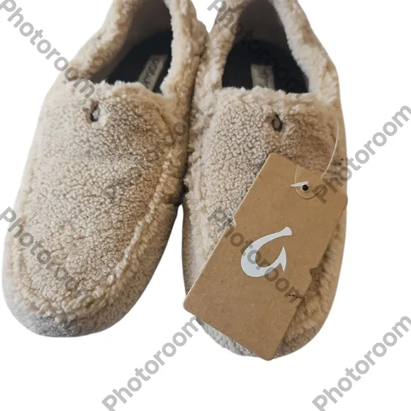 OLUKAI Nohea Heu Woman Soft Sherpa Fleece Drop-in-Heel Cozy Tan  Slipper Size6W