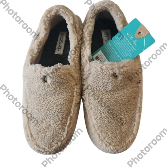 OLUKAI Nohea Heu Woman Soft Sherpa Fleece Drop-in-Heel Cozy Tan  Slipper Size6W