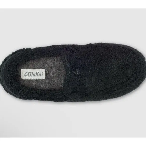 Olukai Women's Nohea Heu Slippers Shoes Faux Wool Black Size 37 EU / 7 US NWT