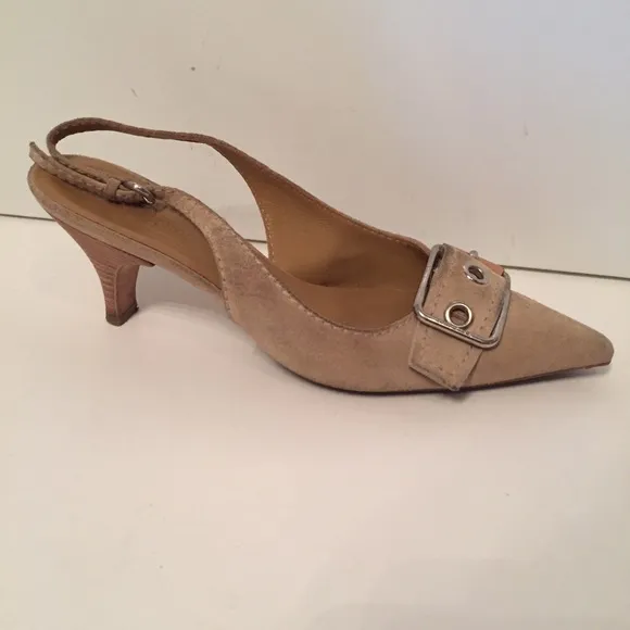 ORIGINAL CAR SHOE PRADA TAN SUEDE LEATHER HEELS SLINGBACK ITALY Size 36.5 6.5