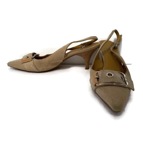 ORIGINAL CAR SHOE PRADA TAN SUEDE LEATHER HEELS SLINGBACK ITALY Size 36.5 6.5