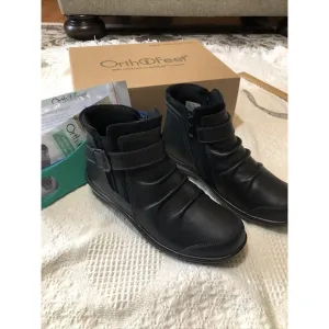 Orthofeet Women’s HEIDI Black Leather Ankle Boots Comfort Shoes Size 9 Wide NIB