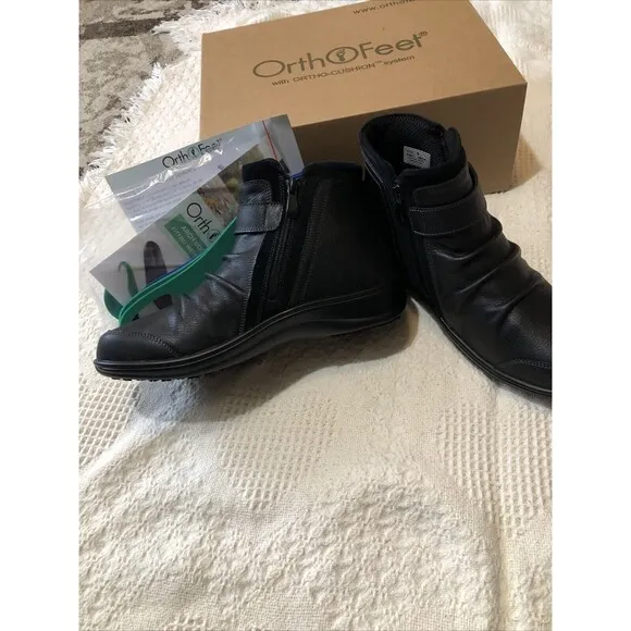 Orthofeet Women’s HEIDI Black Leather Ankle Boots Comfort Shoes Size 9 Wide NIB