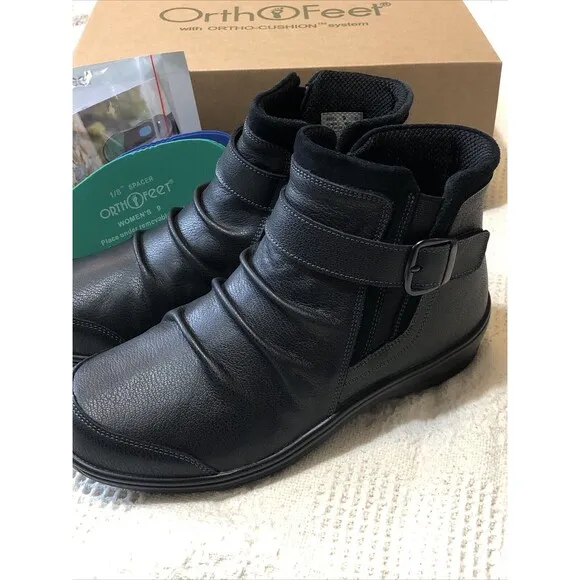 Orthofeet Women’s HEIDI Black Leather Ankle Boots Comfort Shoes Size 9 Wide NIB