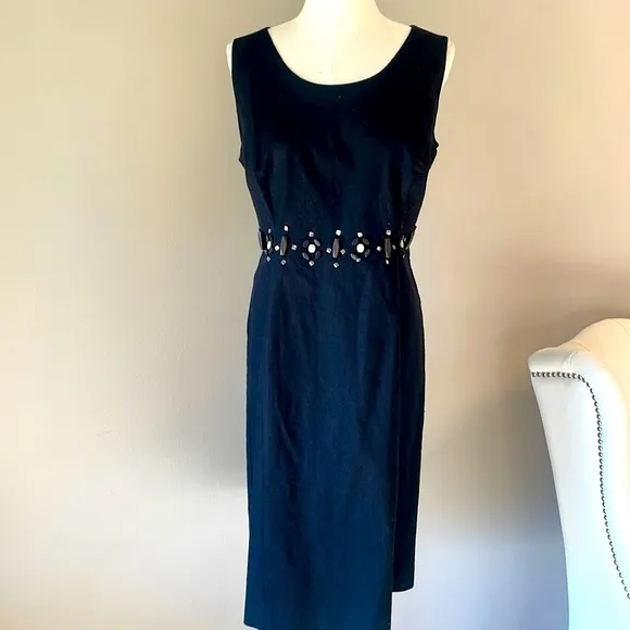 OSCAR de la RENTA linen beaded waist black shift dress sleeveless lined size 14