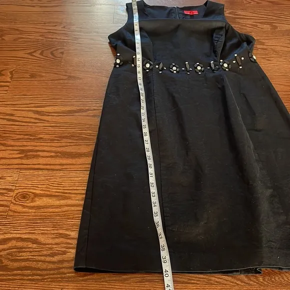OSCAR de la RENTA linen beaded waist black shift dress sleeveless lined size 14