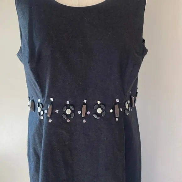 OSCAR de la RENTA linen beaded waist black shift dress sleeveless lined size 14