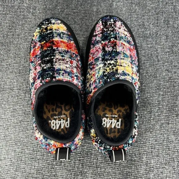 P448 Laby Slippers Womens 8.5 EU 39 Tweed Multicolor Slip On Fur Sherpa Lined