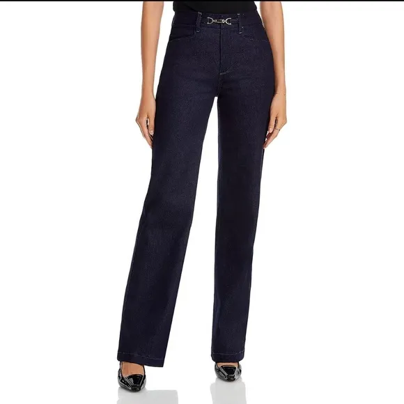 PAIGE Leenah Embellished Wide Leg Denim Jeans dark blue high rise size 32