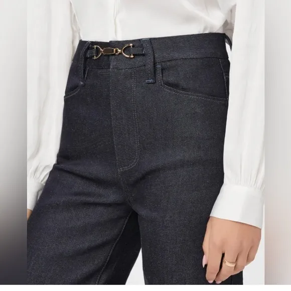PAIGE Leenah Embellished Wide Leg Denim Jeans dark blue high rise size 32