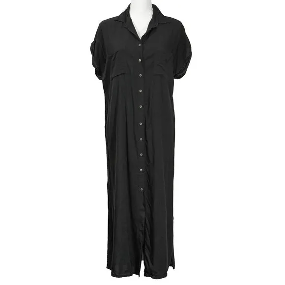 Pampelone Black Classic Shirt Dress Minimalist Button Up Lightweight Midi