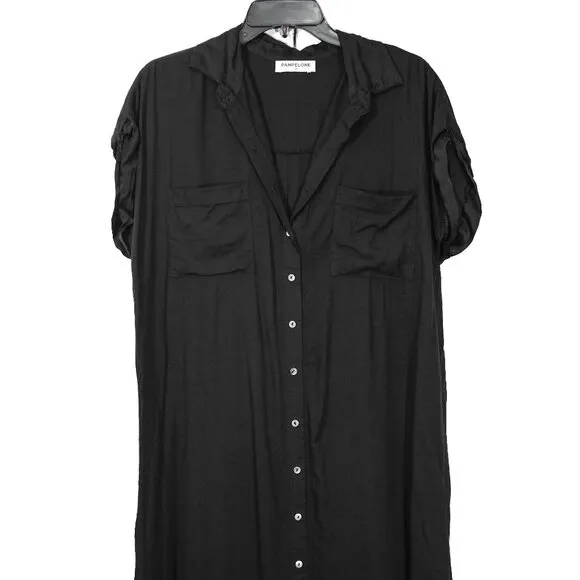 Pampelone Black Classic Shirt Dress Minimalist Button Up Lightweight Midi