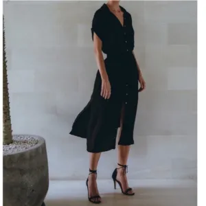 Pampelone Black Classic Shirt Dress Minimalist Button Up Lightweight Midi