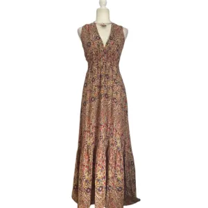Pampelone V Neck Floral Block Print Maxi Dress NWT Handmade in Bali Indonesia