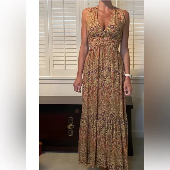 Pampelone V Neck Floral Block Print Maxi Dress NWT Handmade in Bali Indonesia