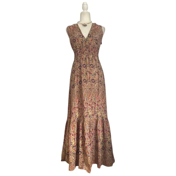 Pampelone V Neck Floral Block Print Maxi Dress NWT Handmade in Bali Indonesia