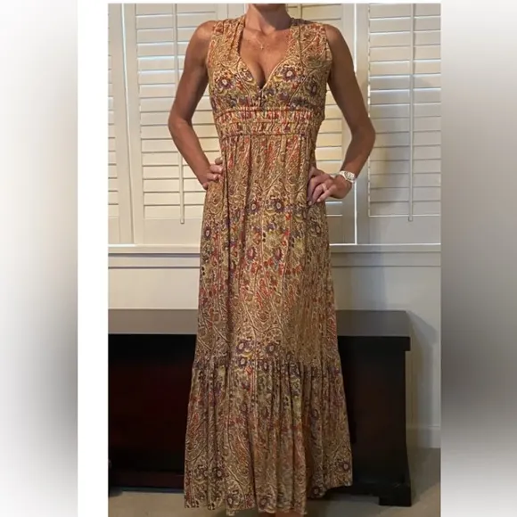 Pampelone V Neck Floral Block Print Maxi Dress NWT Handmade in Bali Indonesia