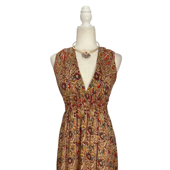 Pampelone V Neck Floral Block Print Maxi Dress NWT Handmade in Bali Indonesia