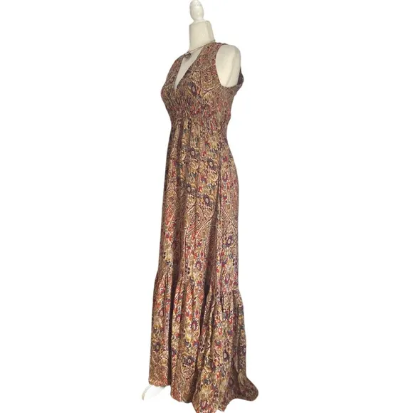 Pampelone V Neck Floral Block Print Maxi Dress NWT Handmade in Bali Indonesia